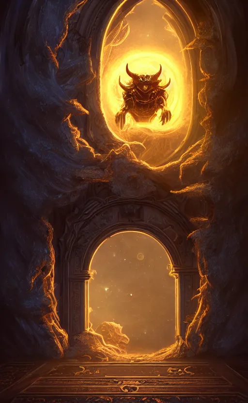 Image similar to a ornamental gate into space a demon emerges from it, ornament, intarsia, portal, doorway, dynamic lighting, ambient lighting, atmospherical, photorealistic fantasy concept art, trending on art station, stunning visuals, creative, cinematic, ultra detailed