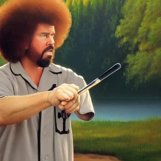 Image similar to a closeup photorealistic photograph of bob ross painting an image of kenny powers pitching a baseball on a canvas. mountains and trees. film still. brightly lit scene. this 4 k hd image is trending on artstation, featured on behance, well - rendered, extra crisp, features intricate detail, epic composition and the style of unreal engine.