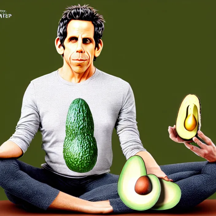 Prompt: ultra realistic illustration of ben stiller in the lotus position meditating with closed eyes, balancing stack of avocado on his head