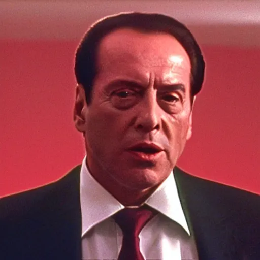 Image similar to Silvio Berlusconi in Pulp Fiction opening a red square featureless metallic box