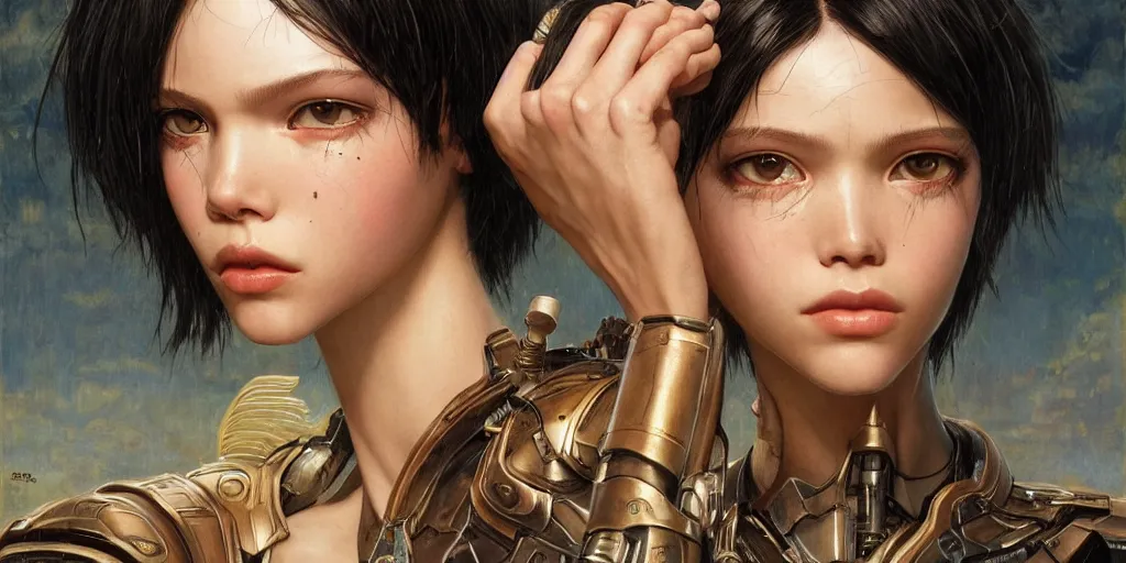 Image similar to epic masterpiece full body portrait a crying sasha luss, battle angel alita, beautiful face and flawless skin, perfect hands by Edgar Maxence and Ross Tran and Michael Whelan