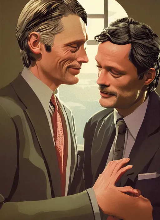 Image similar to Twin Peaks portrait of Mads Mikkelsen and Hugh Dancy holding hands romantically as they chaperone school dance by Michael Whelan, Bob Larkin and Tomer Hanuka, simple illustration, domestic, nostalgic, clean, Matte painting, trending on artstation and unreal engine, New Yorker magazine cover, 1980s romance book cover