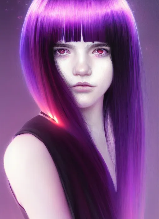 Image similar to portrait of teenage girl with white bangs, red irises, black hair, purple clothes, white bangs, bangs are different color from hair, intricate, front of hair is white rest is black, elegant, glowing lights, highly detailed, digital painting, artstation, concept art, smooth, sharp focus, illustration, art by wlop, mars ravelo and greg rutkowski