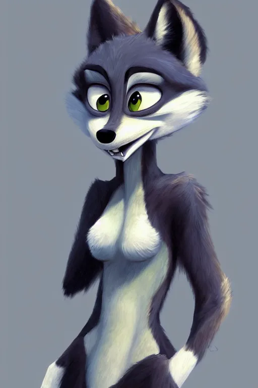 Image similar to oil painting of anthromorphic female wolf, in style of zootopia, female fursona, furry, furaffinity, 4 k, deviantart, furry art, fursona art, wearing black business suit, business suit, wolf fursona, female, very expressive detailed feminine face,