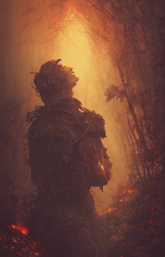 Image similar to portrait of a knight among flowers in dark forest, surrounded by fire and smoke, moody, rim light, dynamic lighting, cinematic shot, gritty, ultra - detail, renderman, physically based render, jean delville, gustave dore and marco mazzoni