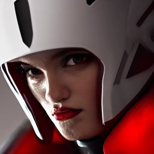 Image similar to headshot of an beautiful female soldier in glossy sleek white armor with tiny red details and a long red cape, downward angle, determined expression, on the surface of mars, night time, dramatic lighting, cinematic, sci-fi, hyperrealistic