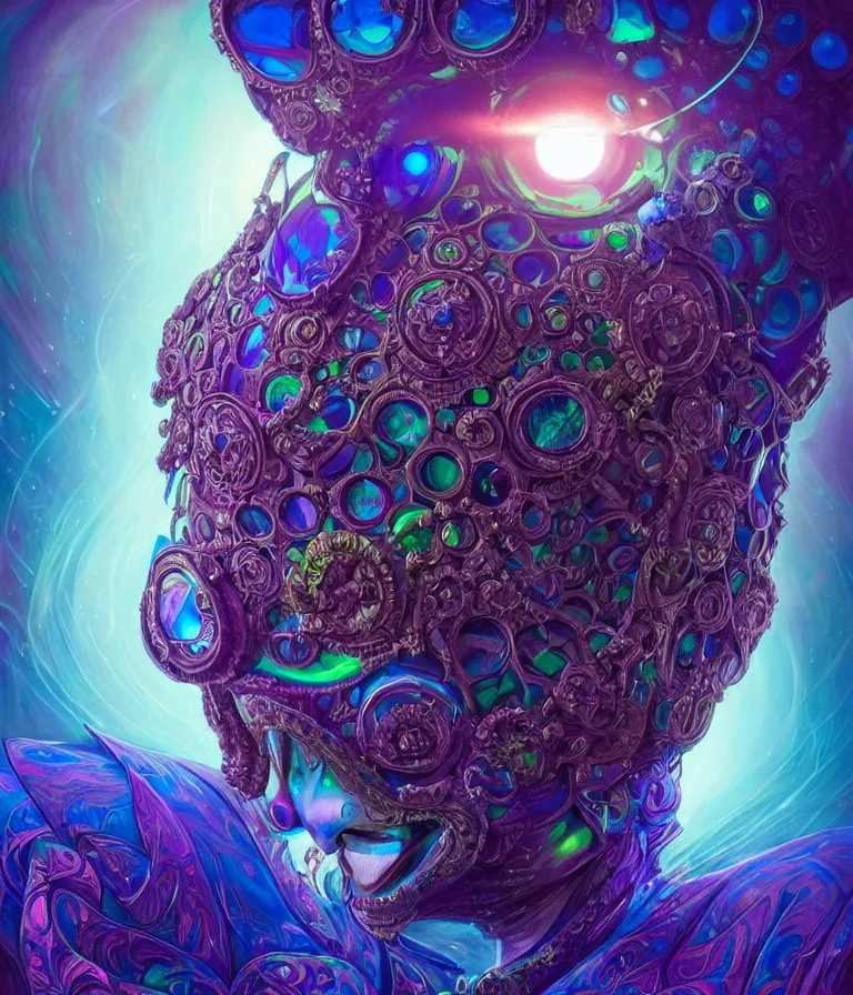 Image similar to front!!! shot of a court jester character, hyperdimensional, bioluminescent hypercubes, dark holography!!!, sunset psychedelic, chrome, (((intricate))), elegant, highly detailed, centered, (((artstation, concept art, smooth, sharp focus, artgerm, Tomasz Alen Kopera, Peter Mohrbacher, donato giancola, Joseph Christian Leyendecker, WLOP, Boris Vallejo))), mugshot!!!!!, ugly!!!!!!, octane render, nvidia raytracing demo, octane render, nvidia raytracing demo, octane render, nvidia raytracing demo, grainy, muted, 8K, digitalblasphemy, metatron