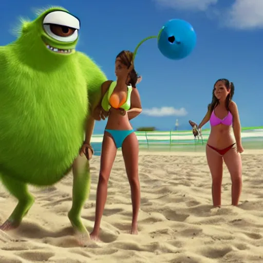 Image similar to Mike Wazowski and Sully playing beach volleyball, bikini, sandy beach,