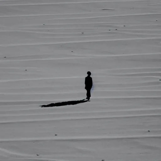 Image similar to solitary figure casting parallel shadows on a dusty white plane
