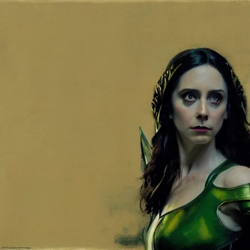 Prompt: alison brie as loki, intricate, elegant, highly detailed, greg manchess, mucha, liepke, ruan jia, jeffrey catherine jones, ridley scott