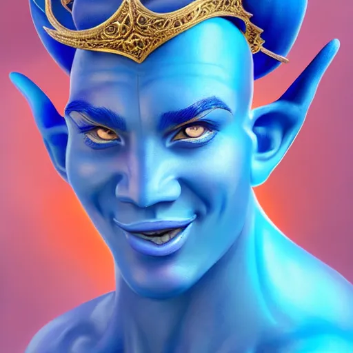 Image similar to all powerful genie, a god, god, ecstatic, infinite power, manic, perfect eyes, full body shot, magical being, magic, portrait, noble, transformation, vivid colors, elegant, concept art, sharp focus, digital art, Hyper-realistic, 4K, Unreal Engine, Highly Detailed, HD, Dramatic Lighting by Brom, trending on Artstation