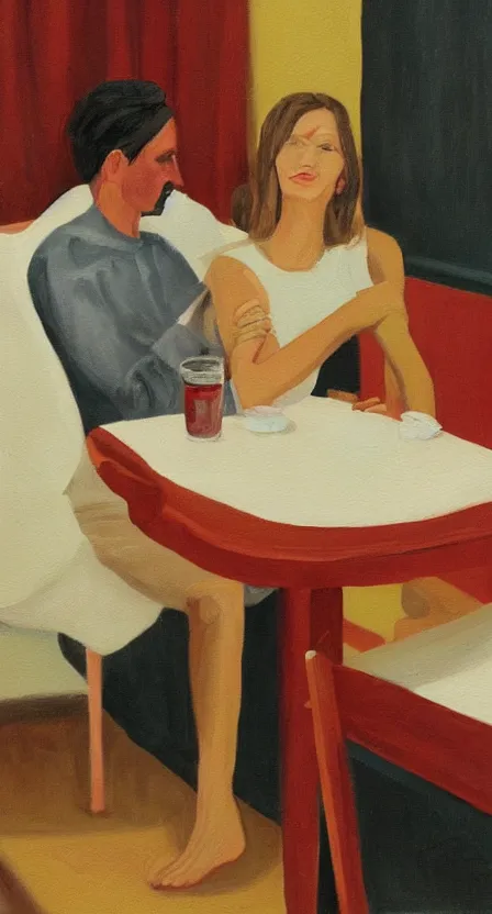 Image similar to creamy, delicious painting, portrait of a couple on a date, by wes anderson