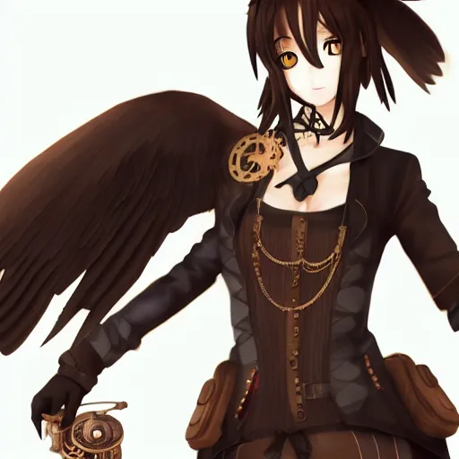 Image similar to steampunk themed anime girl with a steampunk robotic crow on her shoulder, finely detailed, portrait, beautiful, cinematic lighting,