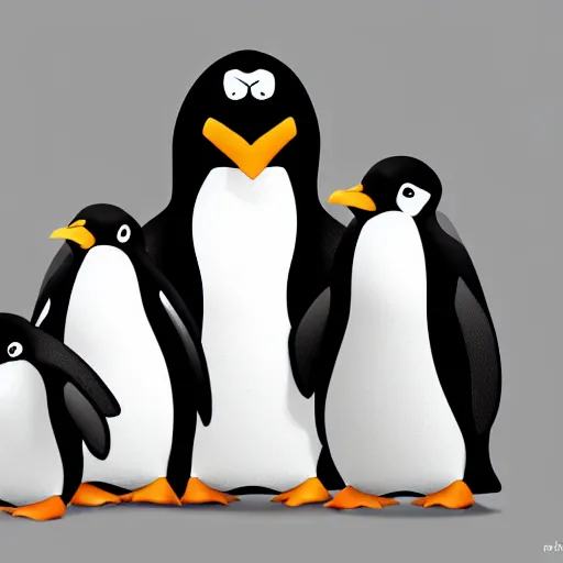 Image similar to A children's cartoon illustration of a penguin family, a mom penguin, dad penguin, an older sister penguin and a baby brother penguin, highly detailed, trending on artstation,