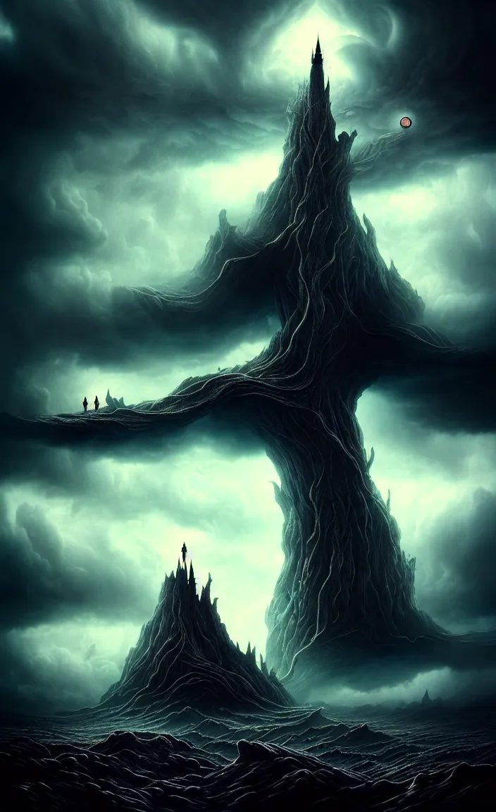 Prompt: a dark tower stretching into stormy clouds in a stunning landscape by Joe Fenton and Brooke Shaden, whimsical background by Tim Hildebrant, moody, dramatic, sharp, very detailed, intricate, wild, concept art, sharp focus, illustration, digital art, 8k, octane render, masterpiece, artstation, cgsociety, vivid vibrant colors