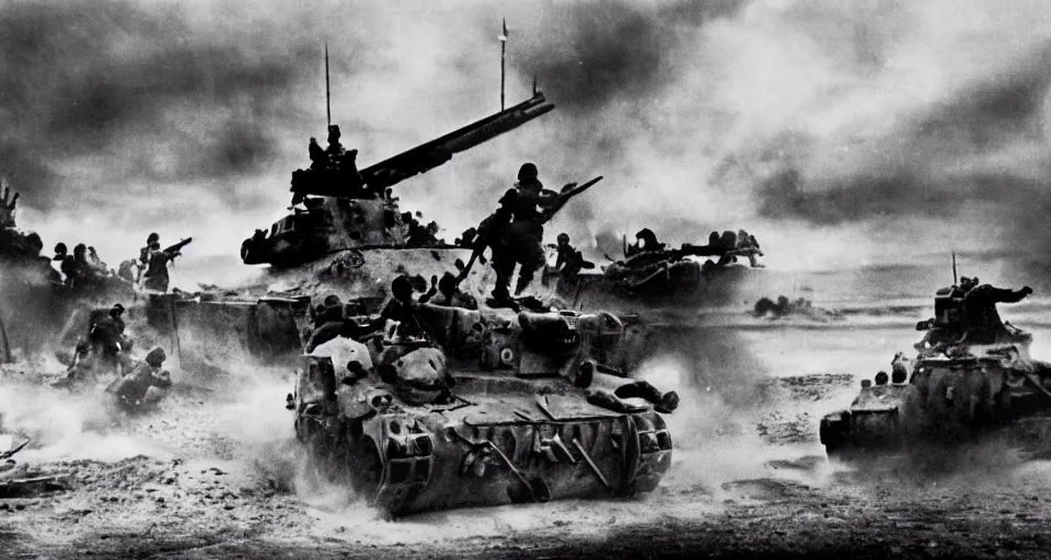 Prompt: omaha beach 1 9 4 4, black and white, battle, explosions, photorealistic, associated press, 2 6 mm, circus clowns at war