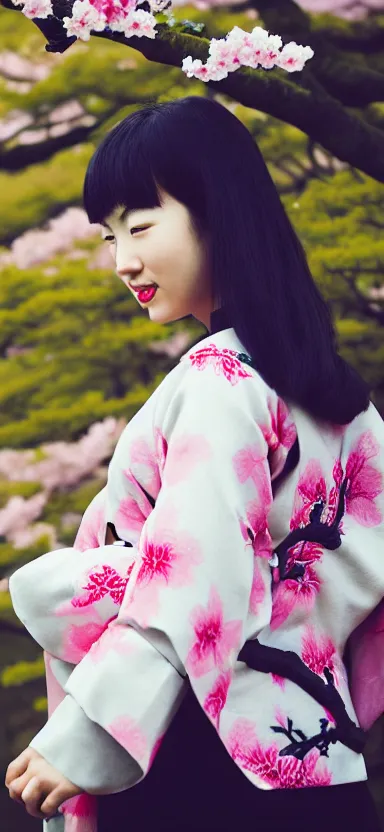 Image similar to “ a portrait photo of a young asian woman with fox ears wearing kimono at a sakura tree, side shot, by shunji dodo, 8 k resolution, black and white photo, high quality ”