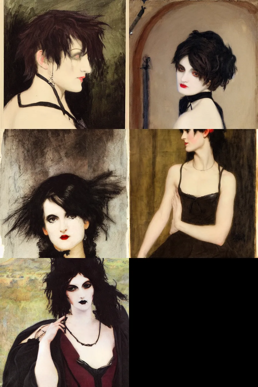 Prompt: a goth painted by edwin austin abbey. dark brown messy pixie cut, slightly rounded face, pointed chin, large black eyes, small nose with piercing. black tank top, black leather jacket, black knee - length skirt, black choker.