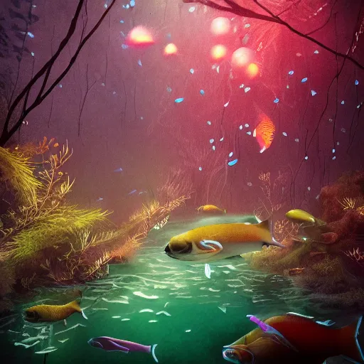 Image similar to school of fish swimming in the magical forest under the water , dreamy, magical effect, glowing effect, devianart, artstation, hyperreal, hyperdetailed, illustration