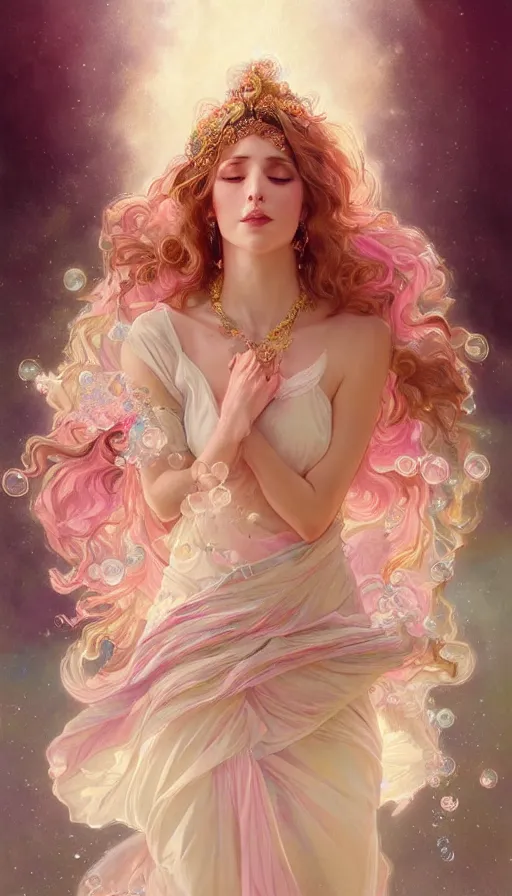 Image similar to portrait of magical dream goddess, ethereal, expressive pose, pink eyes, peaceful expression, ornate frilly dress, fantasy, intricate, elegant, many rainbow bubbles, highly detailed, digital painting, artstation, concept art, smooth, sharp focus, illustration, art by artgerm and greg rutkowski and alphonse mucha