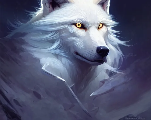 Image similar to albino wolf with blue eyes, deep focus, d & d, fantasy, intricate, elegant, highly detailed, digital painting, artstation, concept art, matte, sharp focus, illustration, hearthstone, art by artgerm and greg rutkowski and alphonse mucha