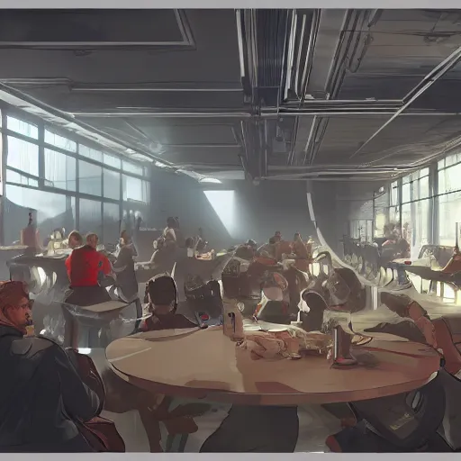 Prompt: concept, venue in meta space, people siting on many round tables, large screen on the wall, artstation