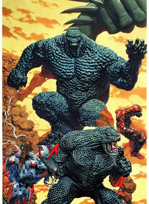 Image similar to full body and head single character portrait of martyn ford and godzilla hybrid as marvel mutant, dynamic action, painted by norman rockwell and phil hale and greg staples and tom lovell and frank schoonover and jack kirby