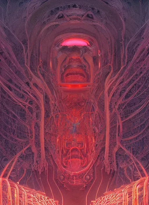 Image similar to A wall made out of eyes, flat, neon, RGB, glowing wires everywhere, pristine, by Edgar Maxence and Ross Tran, Zdzisław Beksiński, and Michael Whelan, gustav dore, H.R. Giger, 8k, octane render