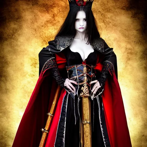 Image similar to full length photo of a very beautiful!! vampire warrior queen with ornate robes, highly detailed, 4 k, hdr, smooth, sharp focus, high resolution, award - winning photo