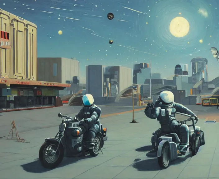 Image similar to a very detailed painting of a astronaut wearing a suit, riding a motorbike down a street on the moon, galaxy sky, there are planets in the sky, cinematic lighting, futuristic city, harley davidson motorbike, worm's - eye view, very fine brush strokes, very aesthetic, very futuristic, in the style of edward hopper and grant wood and syd mead, 4 k,