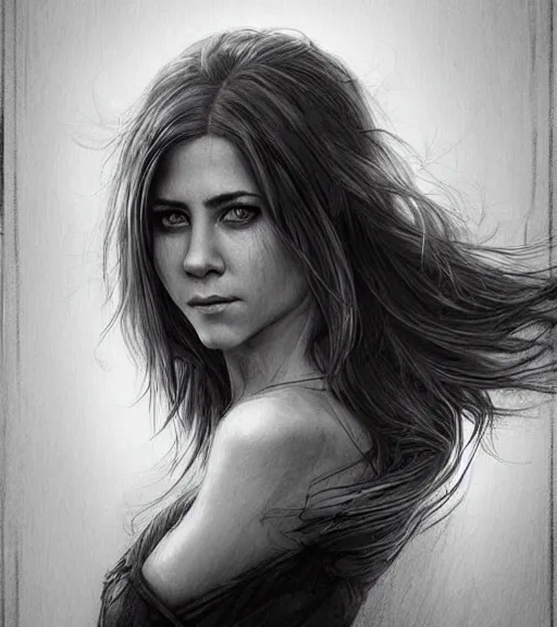 Image similar to aniston, beautiful piercing eyes, realistic face, black and white drawing, in the style of greg rutkowski, fantasy, amazing detail, epic, intricate, elegant, smooth, sharp focus