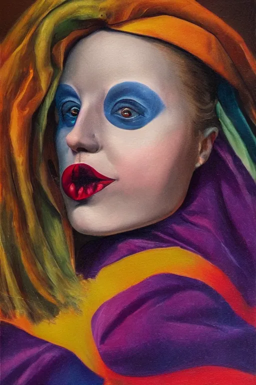 Image similar to hyperrealism oil painting, close - up portrait of commedia dell'arte fashion woman model, gradient mixed with nebula sky, in style of baroque