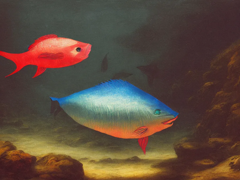 Prompt: a fish with kanye west head swimming in the ocean, underwater, by john martin and carl gustav carus vibrant colors | photography | realism | dslr photo