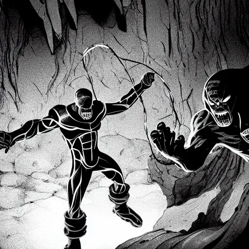 Image similar to black and white thanos fight with the thanos in a cave, by tsutomu nihei, black and white, old cave with slime and wires blur background, cinematic, perspective, realistic