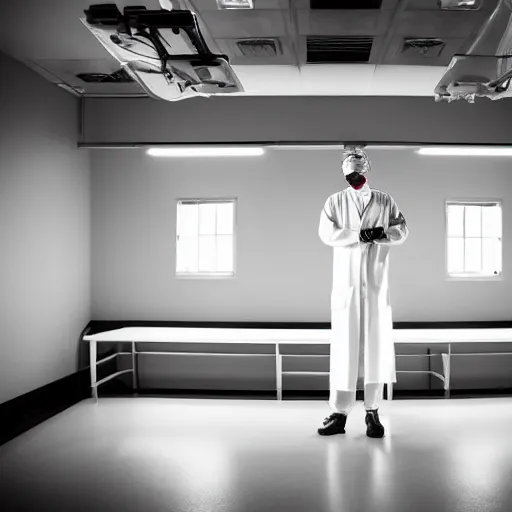 Image similar to a surgeon standing in an empty operating theater, award winning photography, law of thirds, black and white