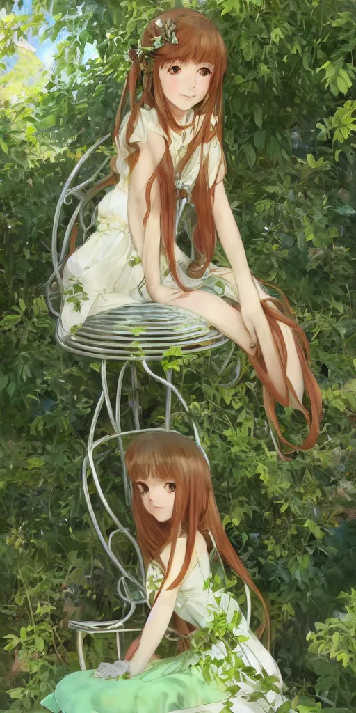 Prompt: a digital art of a loli with long hair in a dress sitting on a metal garden chair in the privet garden at afternoon, green and warm theme, back lighting, by krenz cushart and mucha and greg rutkowski and makoto shinkai, extremely long shot, detailed eyes, 4 k resolution, trending on art station