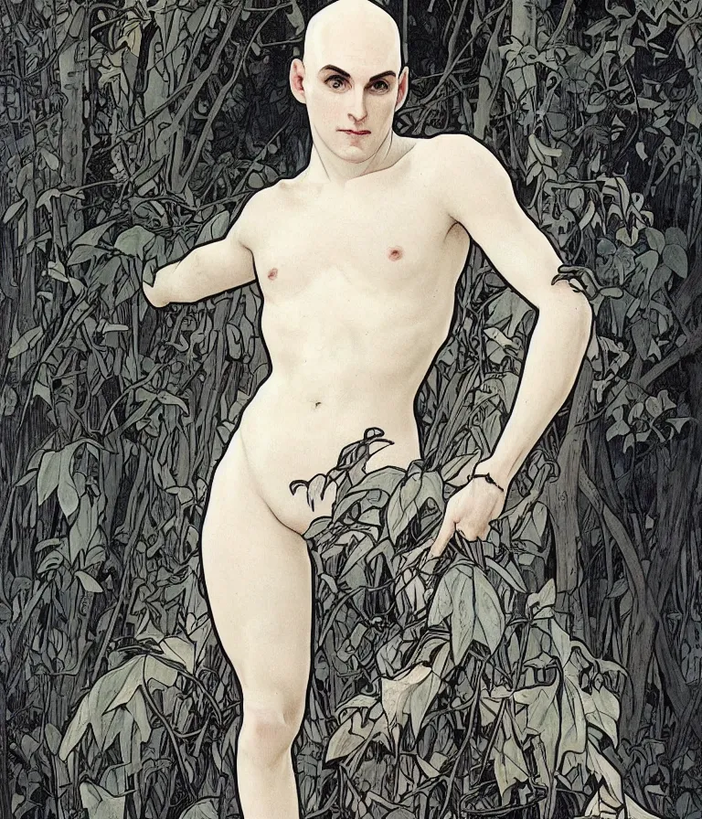 Prompt: portrait of a 1 5 foot tall, muscular, bald, smooth, extremely pale, androgynous humanoid with a perfectly symmetrical face, dressed in black body armour, in the background is a dense and foggy forest of trees, intricate detail, smooth, sharp focus, monochrome, high contrastl, art by artgerm and alphonse mucha,