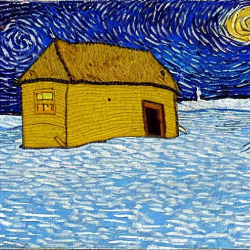 Prompt: an ice fishing hut on a frozen lake, in the style of vincent van gogh, starry night