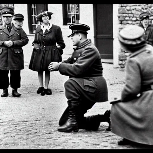 Image similar to ultra wide 1 9 4 6 historical photo of a single german general kneeling to pet a corgi, a young queen elizabeth watches him, french village exterior, highly detailed, sharp focus