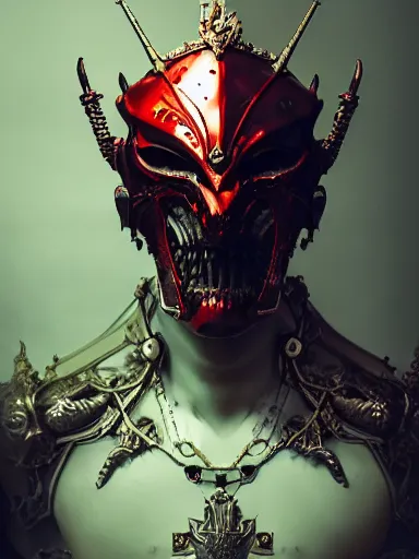 Prompt: portrait of male demonic king head wearing shiny red medieval helmet, subtle dark accents, hyper details, black metal rococo, sculpted by Alex Alice, Craig Mullins, yoji shinkawa, trending on artstation, beautifully lit, Peter mohrbacher, hyper detailed, insane details, intricate, elite, elegant, luxury, ray of light through smoke, CGsociety, hypermaximalist, golden ratio, neofuture, volumetric, octane render, weta digital, micro details, 3d sculpture