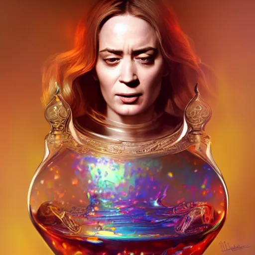 Prompt: a cute emily blunt inside an ornate bottle of iridescent liquid, alchemy, intricate, bloom, detailed, volumetric lighting, sharp focus, photorealism, digital painting, highly detailed, concept art, by by artgerm and wlop