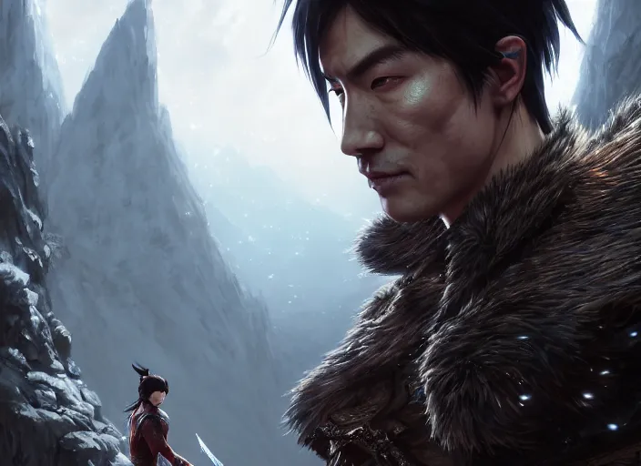 Image similar to highly detailed portrait of jin kazama, in skyrim, stephen bliss, 8 k, unreal engine, fantasy art by greg rutkowski, loish, rhads, ferdinand knab, makoto shinkai and lois van baarle, ilya kuvshinov, rossdraws, tom bagshaw, global illumination, radiant light, detailed and intricate environment