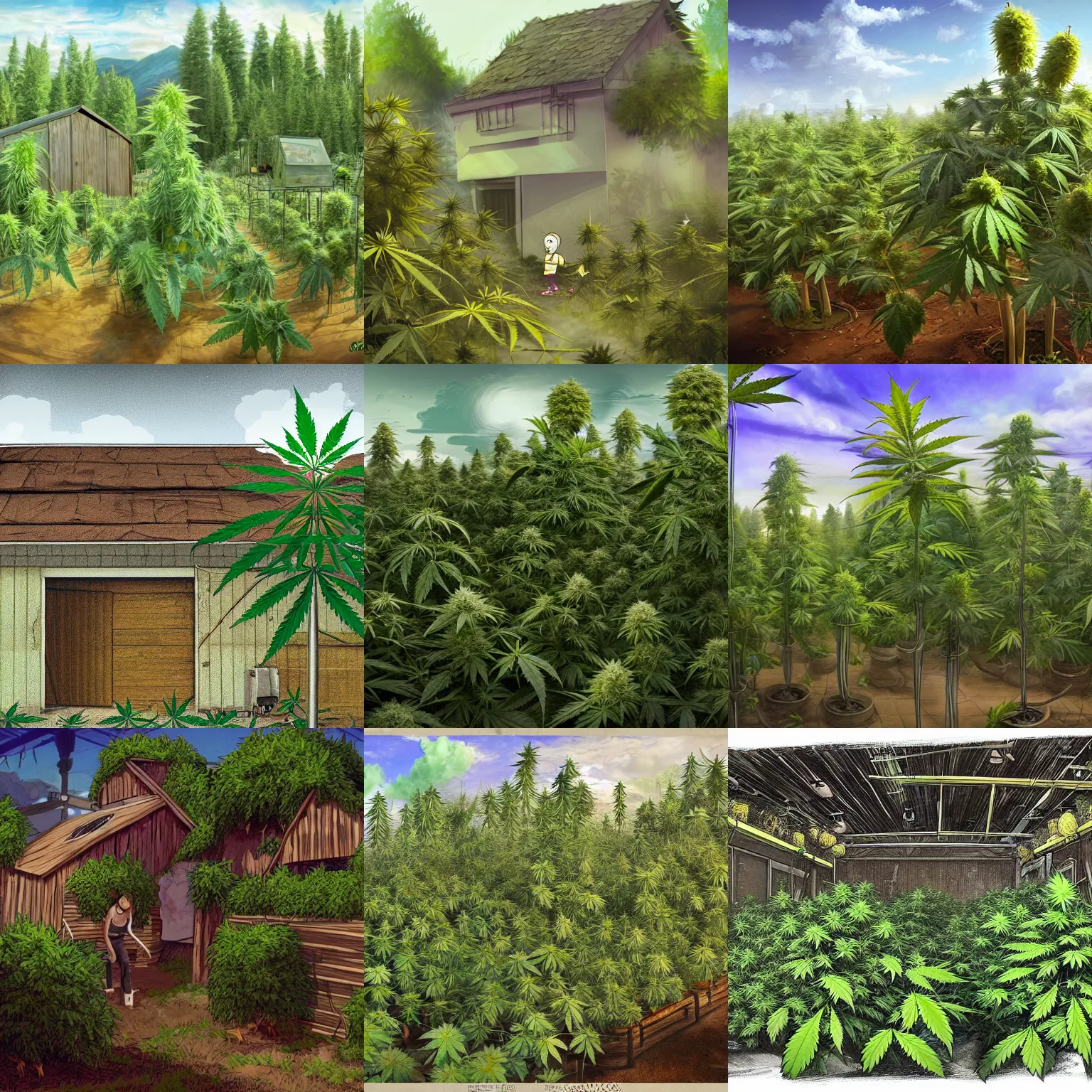 Prompt: calliou working on a cannabis farm, ultra realistic, wide shot, digital art, fantasy, concept art, highly detailed
