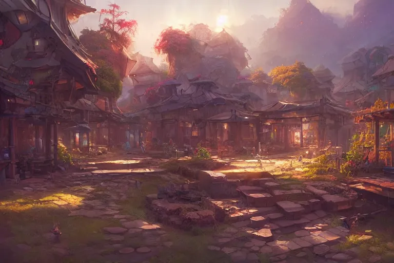 Prompt: solarpunk village, concept art, highly detailed, artstation, trending, sharp focus, cinematic lighting by feng zhu, shaddy safadi, noah bradley, tyler edlin, jordan grimmer, darek zabrocki, neil blevins, tuomas korpi