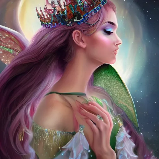 Image similar to detailed portrait of a fairy queen with wings wearing a silk robe, crown, pixie, iris, realism, emerald, galaxy, sapphire,blonde hair going down to the floor, moonlit, wearing a bejeweled mask, dark fantasy, dramatic lighting, cgsociety, artstation