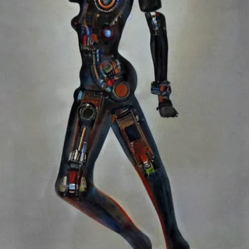 Prompt: 1920s Russian Constructionist full body Painting of a cyborg woman. unknown artist. Museum Quality