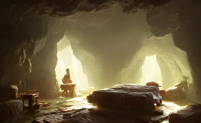 Image similar to painting of an interior of a cozy bedroom in a cave, small hot spring and lush garden outside, natural light, fantasy, natural light, concept art, by greg rutkowski and craig mullins, cozy atmospheric and cinematic lighting, trending on artstation