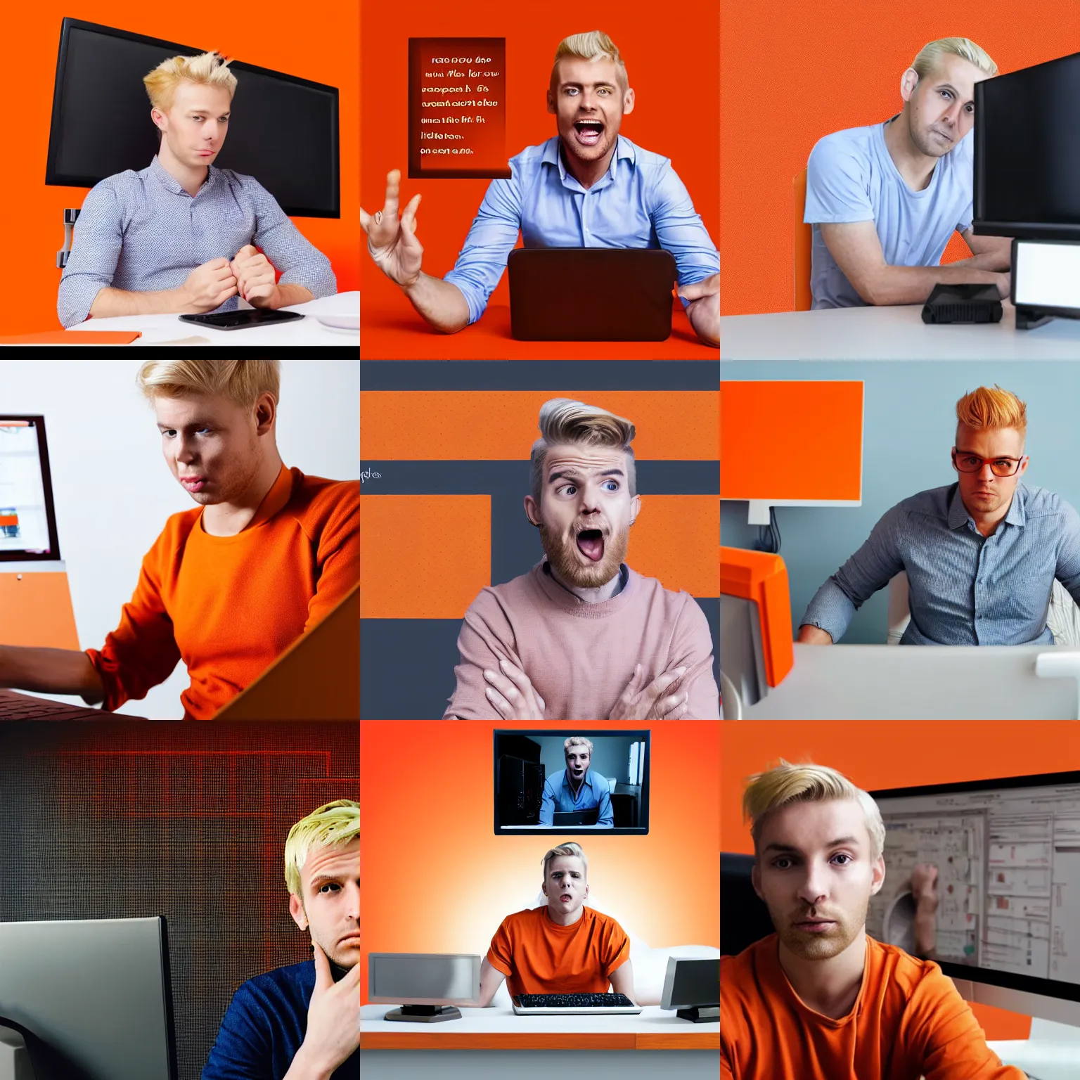 Prompt: portrait of a blonde man sitting in front of a computer screen creating funny memes using a meme generator, orange background