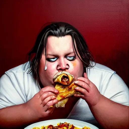 Prompt: ( hyperrealistic portrait of fat extremely overweight johnny depp eating chicken, on a filthy table filled with dirty plates ) greasy, tired, red eyes, by noah bradley, photorealistic, dynamic lighting, very detailed faces, trending on artstation, wallpaper, dream, 4 k, award winning, lovely pastel colors, ethereal, elegant