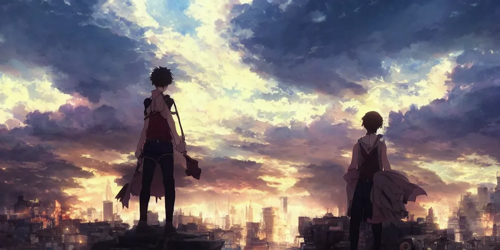 Image similar to anime character in front of an apocalyptic city and the clouds are burning, hyperrealistic, trending on pixiv fanbox, painted by greg rutkowski makoto shinkai takashi takeuchi studio ghibli, akihiko yoshida